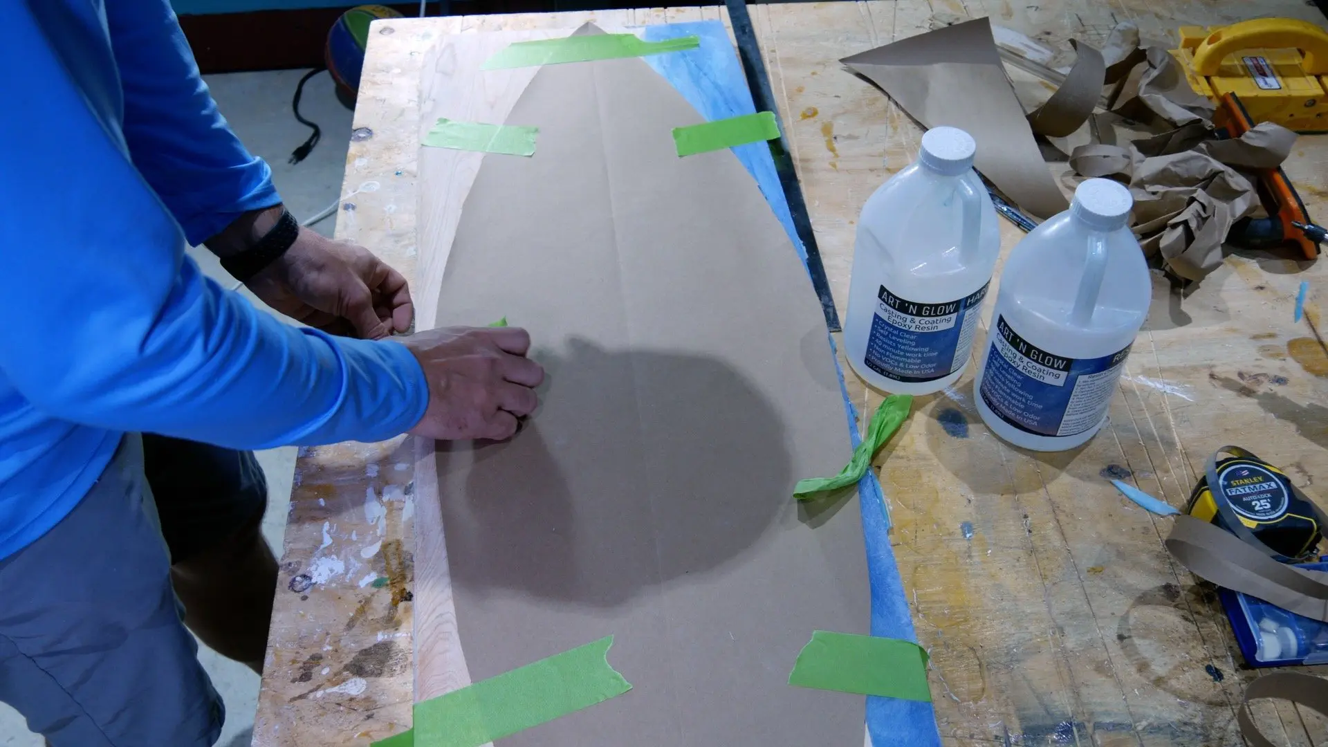 how to make wood and resin wall art that glows_tape surfboard template