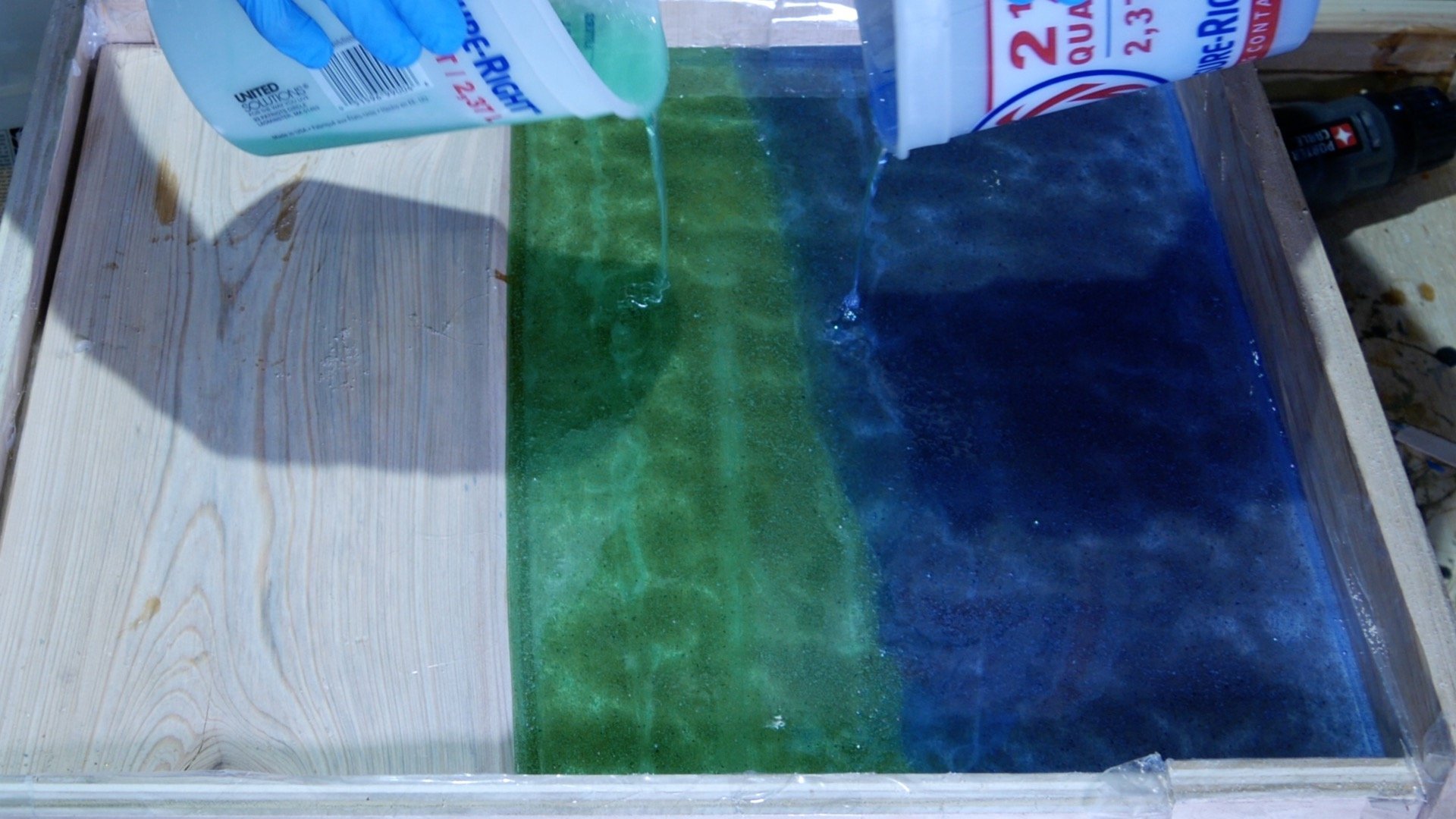 DIY Wood and Resin Beach Art with Real Sand_second pour with 2 transparent dye colors 2
