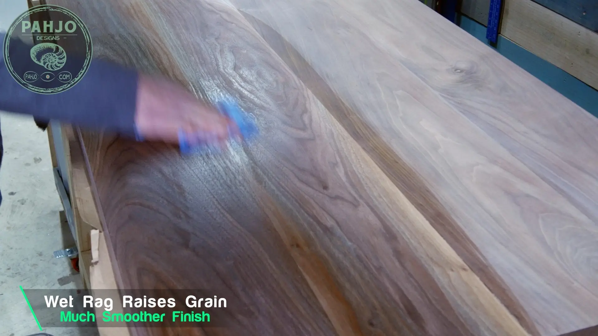 wood table sanding raise grain with wet rag